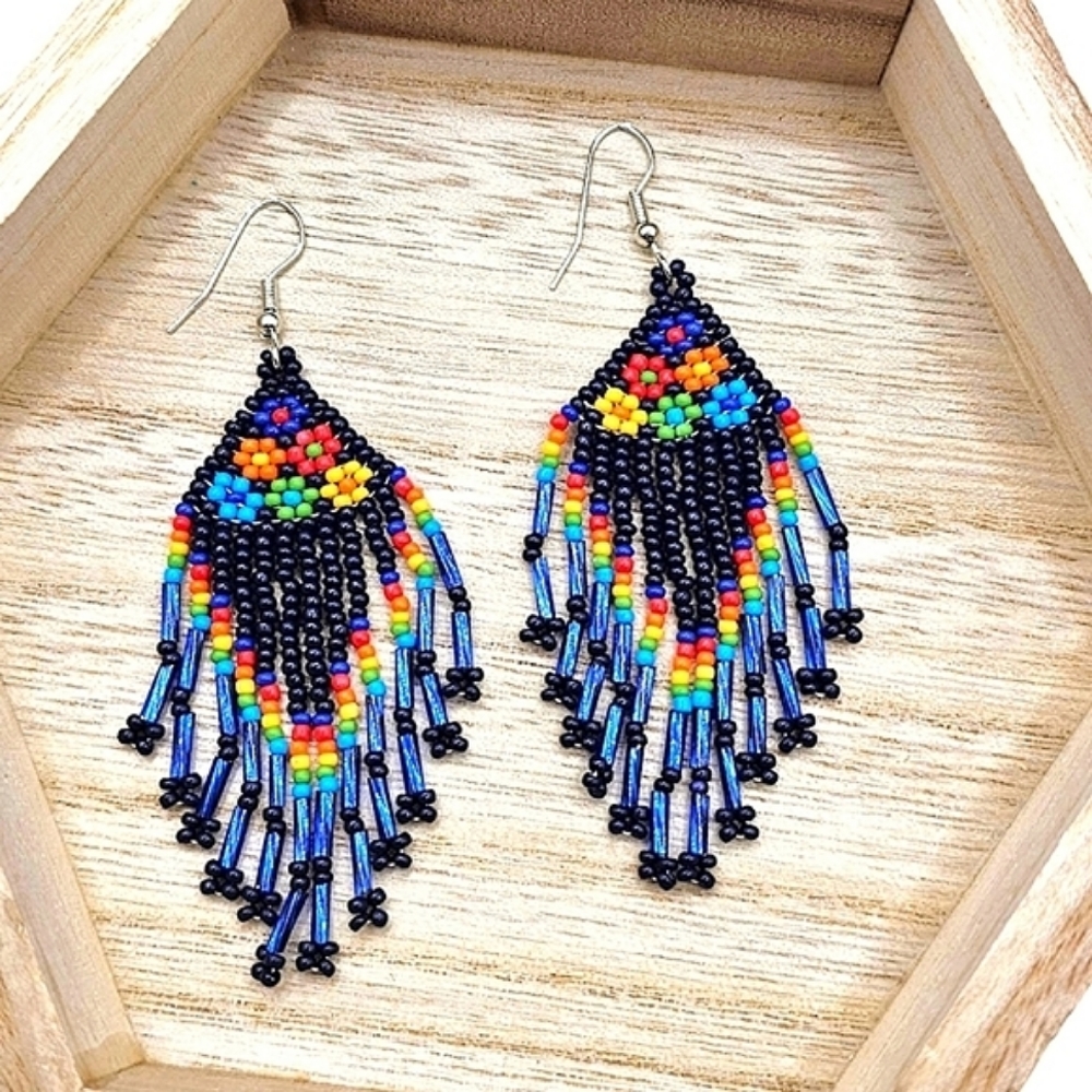 Colorful Chandelier Rice Bead Dangle Earrings Floral Native Boho Western Light